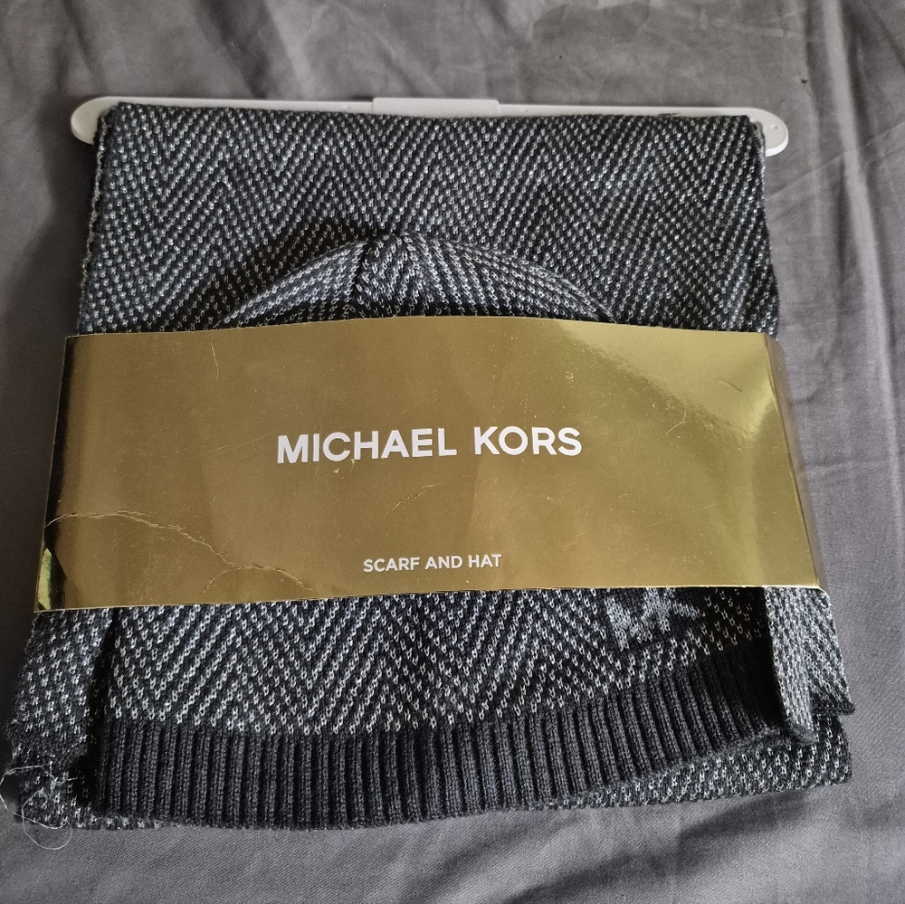 Michael Kors Charcoal and Black Scarf and Hat Set